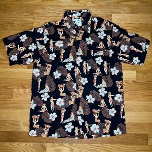 Vintage M.E. Sport Hawaiian Pin-Up Girls Floral Button Down Shirt - small